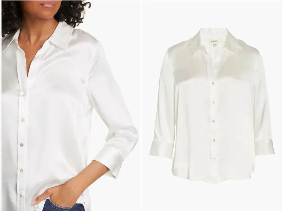 L'AGENCE Women's Ivory Dani Silk Charmeuse Blouse Top Size XL
